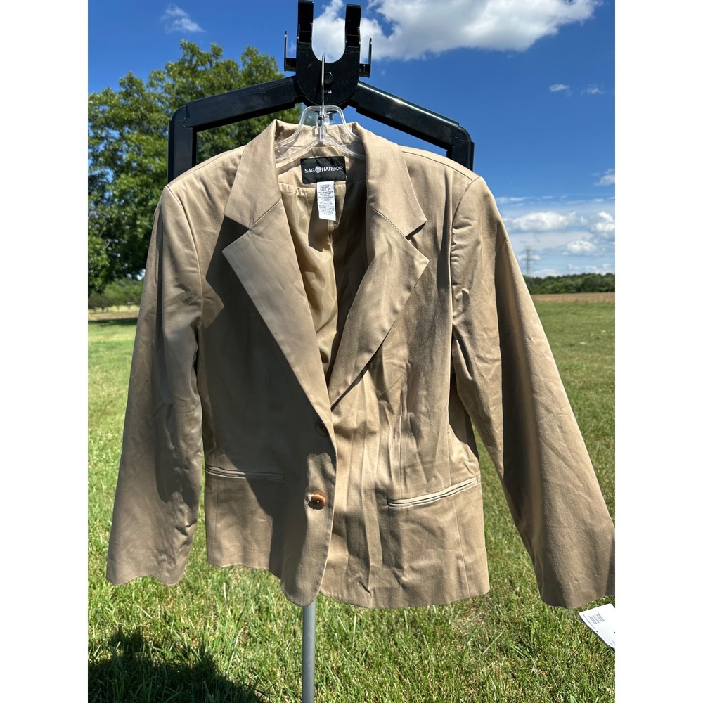 Sag Harbor Women Tan Two Button Comfort Stretch Blazer‎ Jacket Size 14 Khaki